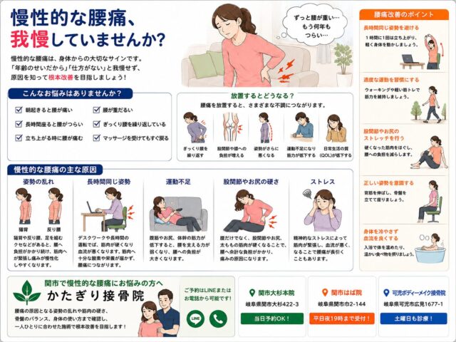 慢性的な腰痛、我慢していませんか？【関市 かたぎり接骨院】｜当日予約OK・腰痛/肩こり/交通事故対応
