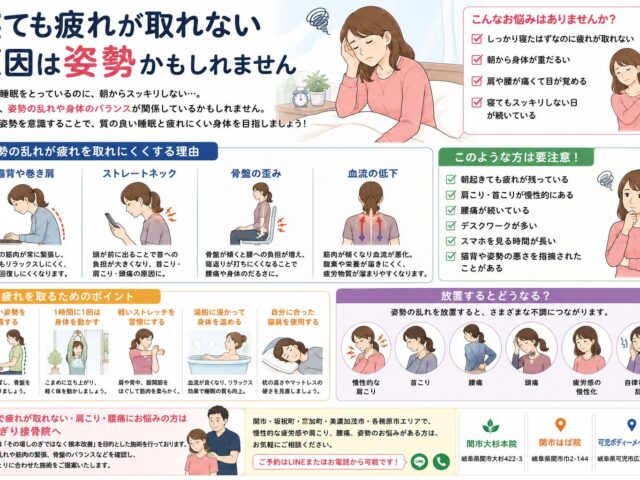 寝ても疲れが取れない原因は姿勢かもしれません【関市 かたぎり接骨院】｜当日予約OK・腰痛/肩こり/交通事故対応