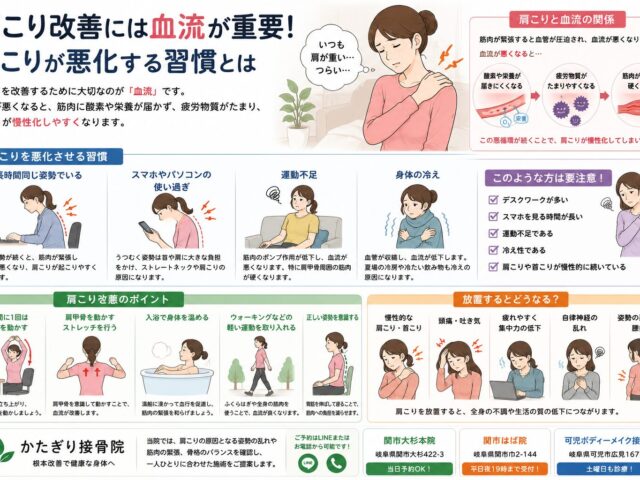 肩こり改善には血流が重要！肩こりが悪化する習慣とは【関市 かたぎり接骨院】｜当日予約OK・腰痛/肩こり/交通事故対応