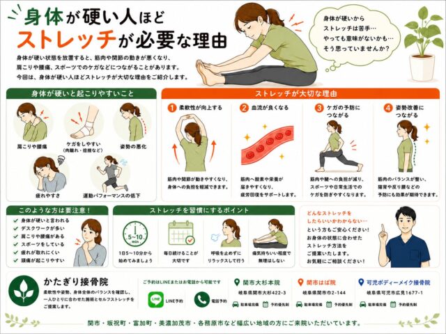 身体が硬い人ほどストレッチが必要な理由【関市 かたぎり接骨院】｜当日予約OK・腰痛/肩こり/交通事故対応